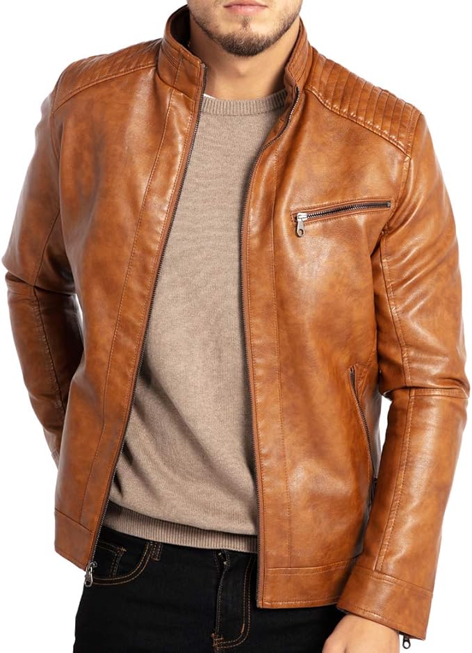 wulful men’s stand collar faux leather jacket – lightweight motorcycle outwear with classic style